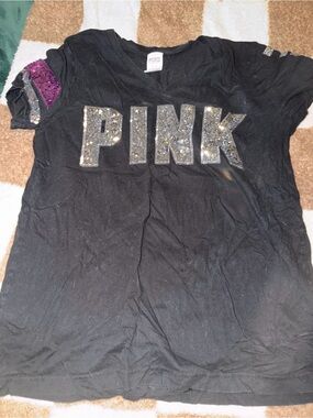 PINK Victoria's Secret Sequin Logo Black V-Neck sparkle Tee